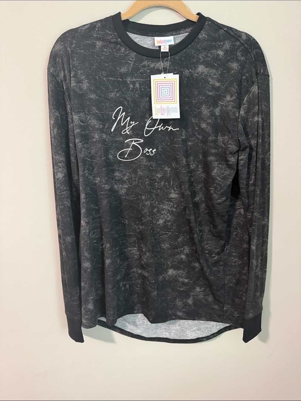 LuLaRoe Black Mineral-Wash Long Sleeve Tee with White Script